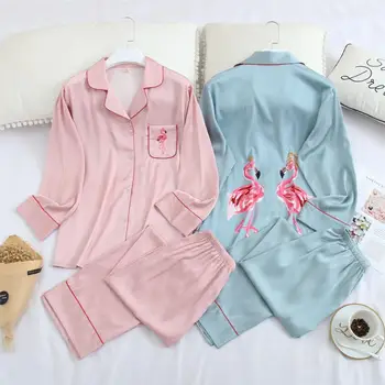 

FZSLCYIYI Womens Pajamas Sets Striped Cartoon Flamingo Sleepwear Nighty Female Casual Spring Pijamas Feminino 2pcs/set