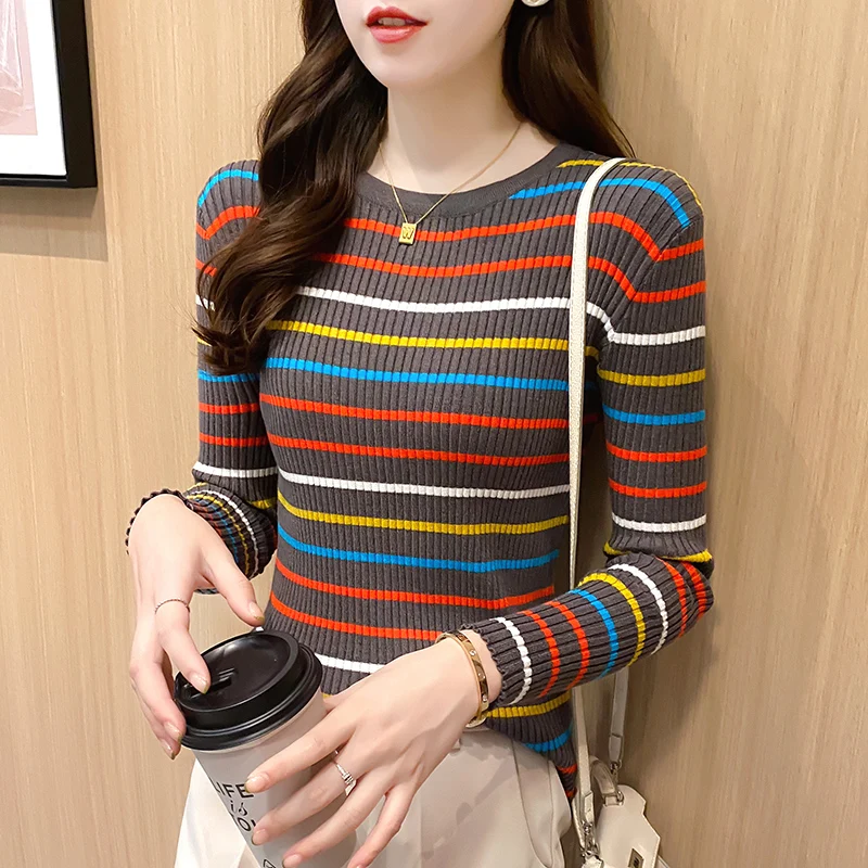 New Women Rainbow Stripe Sweater Winter Slim Long Sleeve Pullover Tops Korean Ladies Knitted Elegaht Sweaters Woman Jumper Mujer
