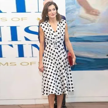 

European station 20 summer new women's dress Princess same V-neck wave point close waist medium length belt dress