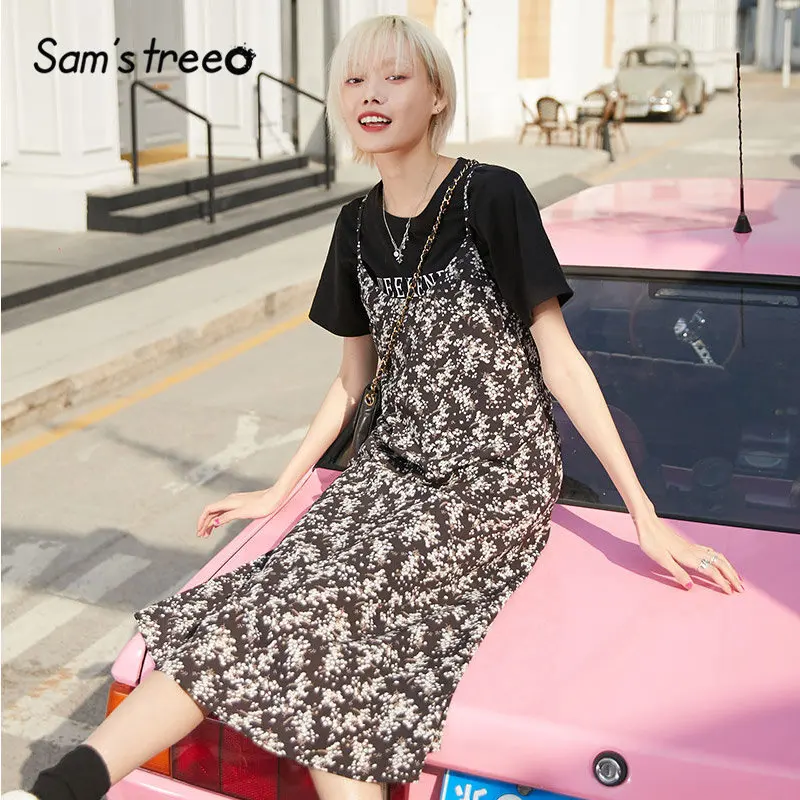 

SAM'S TREE Black Floral Chiffon Elegant Women Sling Dresses 2020 Winter Burgundy Sleeveless Casual Boho Ladies Daily Dress