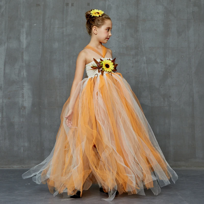 Autumn Scarecrow Girls Tutu Dress Set Kids Halloween Tulle Scare Crow Costume Fall Colored Flower Children Wedding Couture Dress (3)