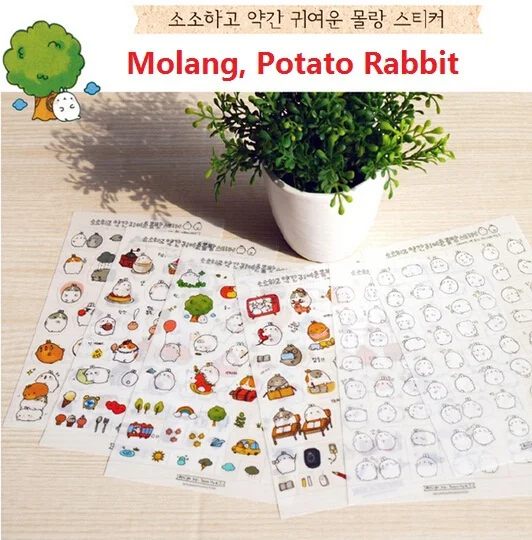 

6pcs/lot Korea Molang Potato Cartoon Decorative Stickers Cartoon Potato Cartoon PVC sticker set deco label children stickers