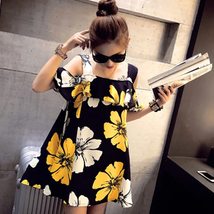 

5-10 Summer Wear New Style Korean-style off-Shoulder Colorful Contrast Color Printed Camisole Flounced Dress Women's