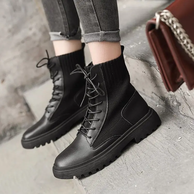 

Martin Boots Women's 2019 New Style Autumn And Winter Chunky-Heel Thin Boots Thick Bottomed Versatile Lace-up Fly Socks Boots Br