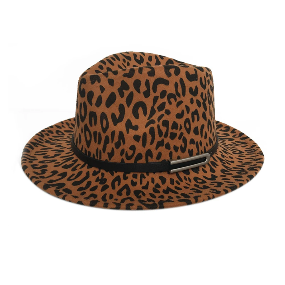 Men Women Leopard-printed Western Cowboy Hats Wide Brim Travel Sun Hat Autumn and Winter Wool Felt Jazz Cap Belt Top Hat
