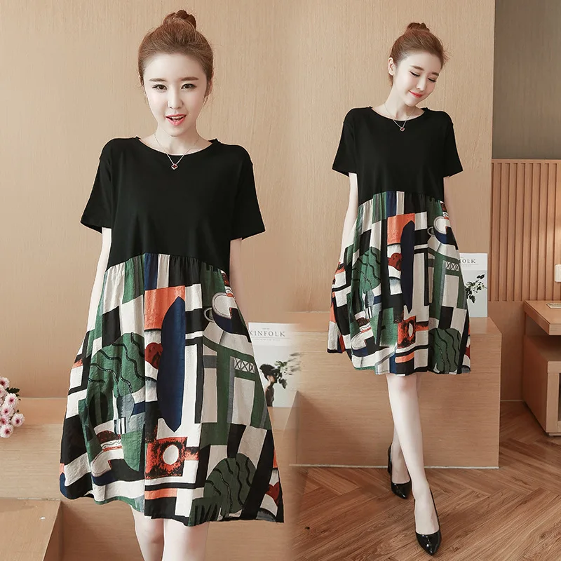 

Maternity Clothes 2019 Summer New Style Korean-style Fashion Cotton Linen Joint Crew Neck Loose And Plus-sized Pregnant Women Dr