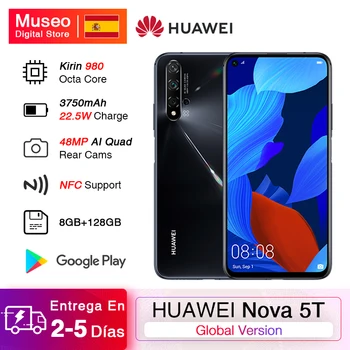 Перейти на Алиэкспресс и купить Глобальная версия Huawei Nova 5 T 5 T 8GB 128GB смартфон 48MP камеры 32MP фронтальная камера 6,26 ''экран Kirin 980 Android 9