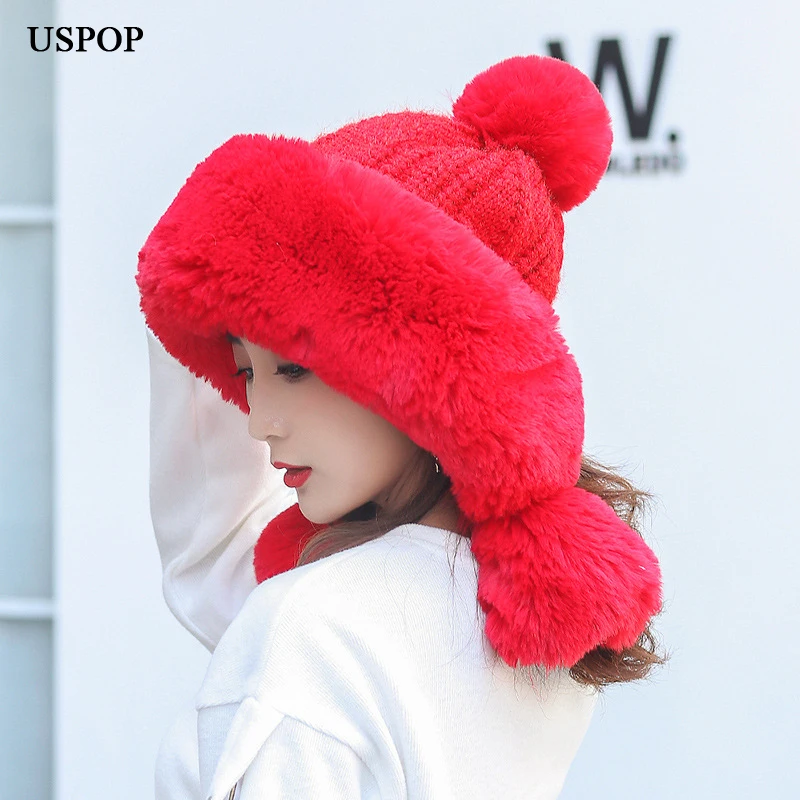 USPOP Women skullies thickened velvet knitted hats warm snow hats female winter hats cute pompom beanies