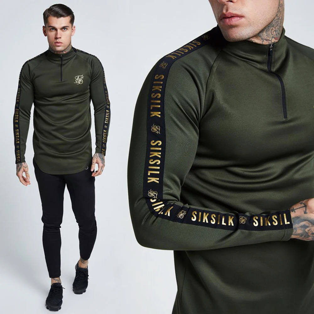 

Fashion Men Sik Silk Embroidery Solid Color Elastic Tshirt High Zipper Stretch Neck Long Sleeve Men Slim Casual T-shirts Tops