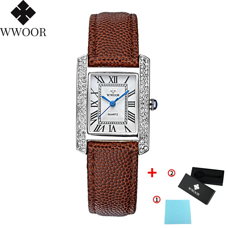 White Brown 2019WWOOR Роскошные Брендовые женские часы модные белые квадратные часы с бриллиантами женские водонепроницаемые повседневные спортивные наручные часы с кожаным ремешком - Цвет: White Brown