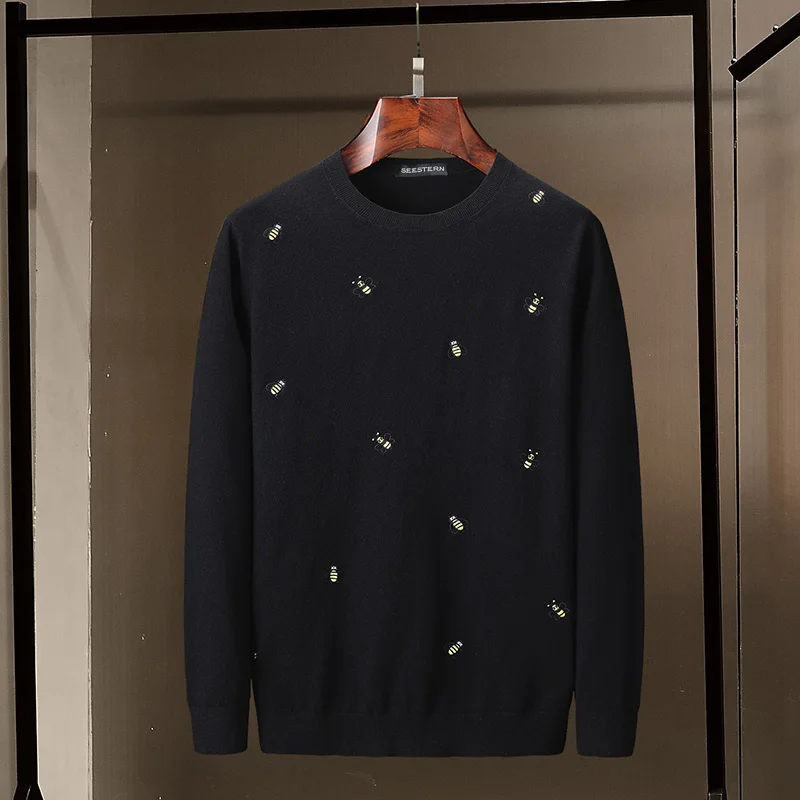 Бренд seestern Новый мужской свитер с вышивкой пчелы Модный черный для отдыха