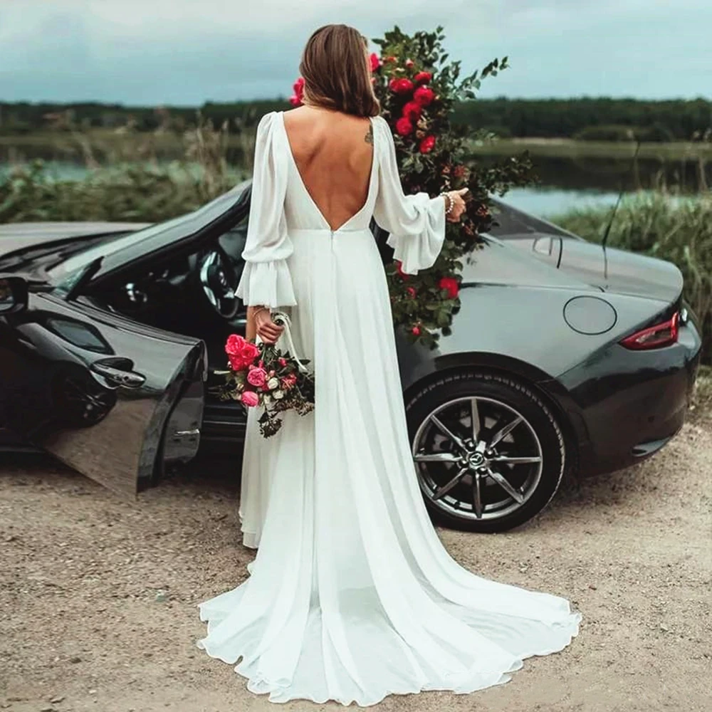 Бохо богемное свадебное платье Глубокий v-образный вырез открытая спина с длинным рукавом элегантное шифоновое vestidos de novia Свадебные платья повседневные пляжные