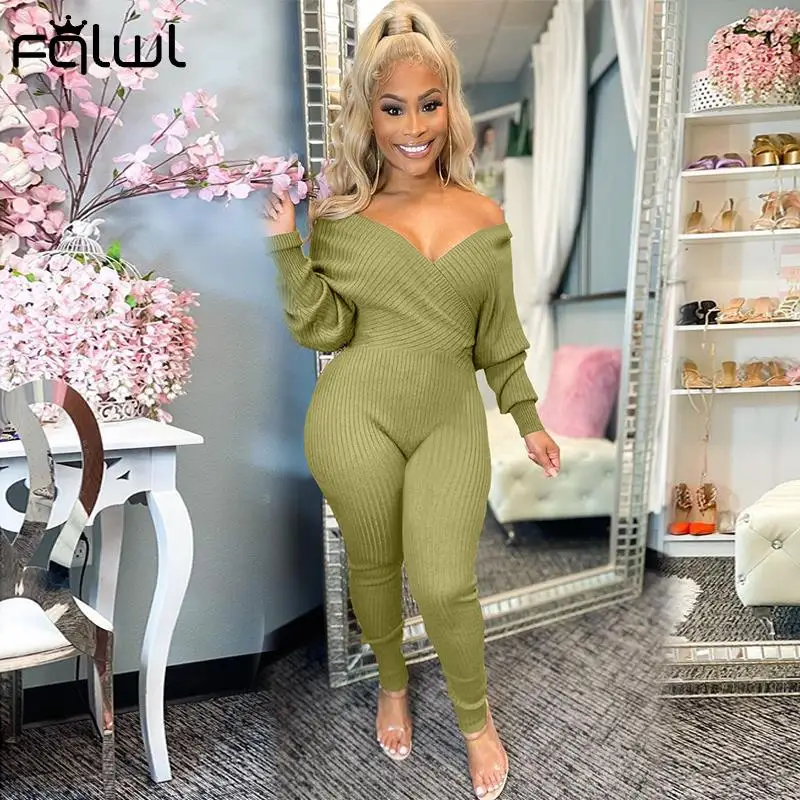 Fqlwl Fall Casual Women Jumpsuits Black Long Sleeve V Neck Rompers Womens Jumpsuits Ribbed One