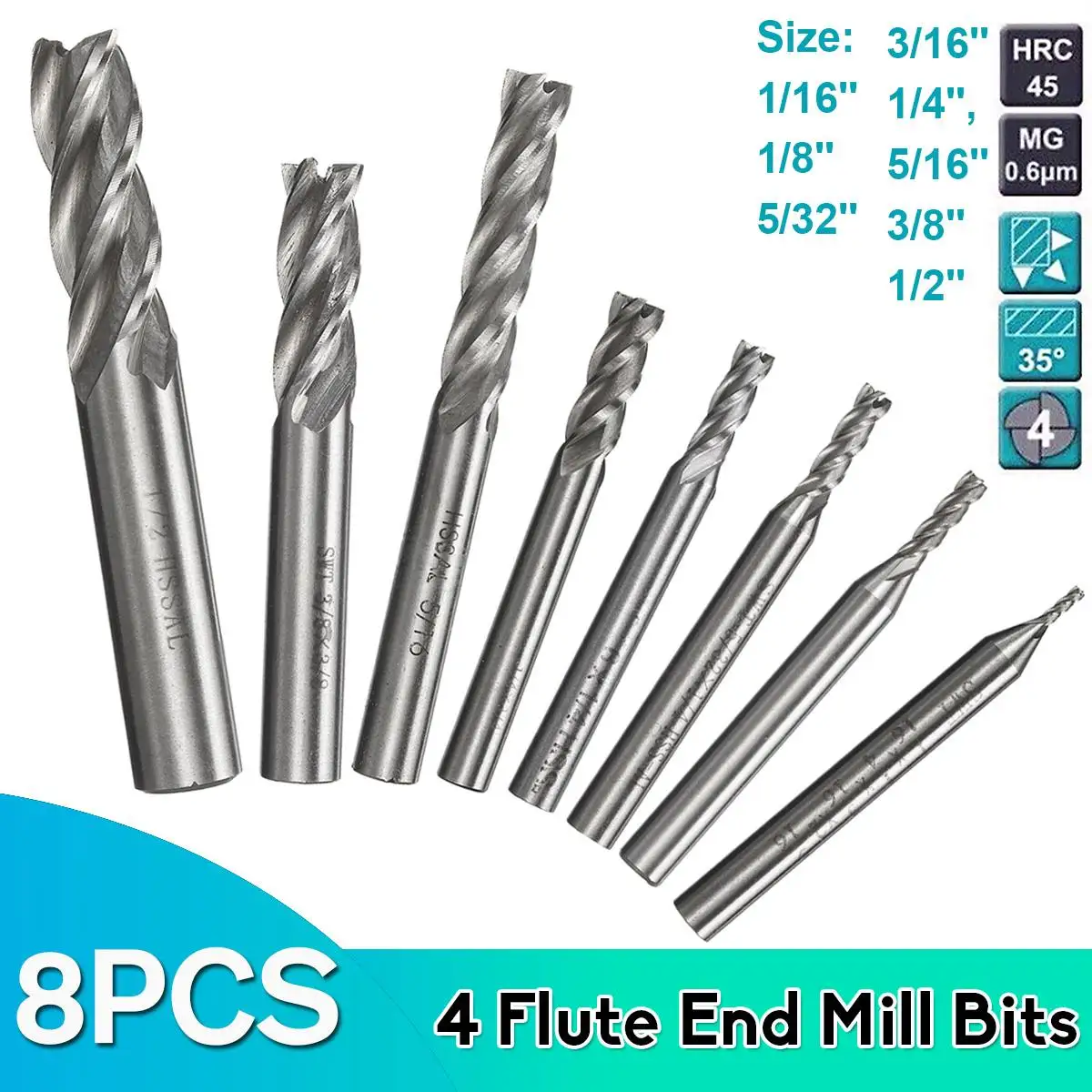 

8pcs 4 Flute HSS End Mill Bits Set for CNC Milling Cutter Machine Cutting Tools Straight Shank Drill Bit Power Tool Accessories