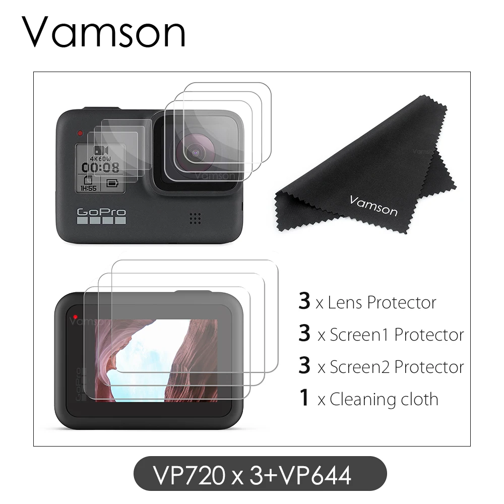 VP720x3-VP644 Vamson для Gopro Hero 8 черная защитная пленка из закаленного стекла для экшен-камеры 9 шт. для Go pro 8 camera VP720 - Цвет: VP720x3-VP644