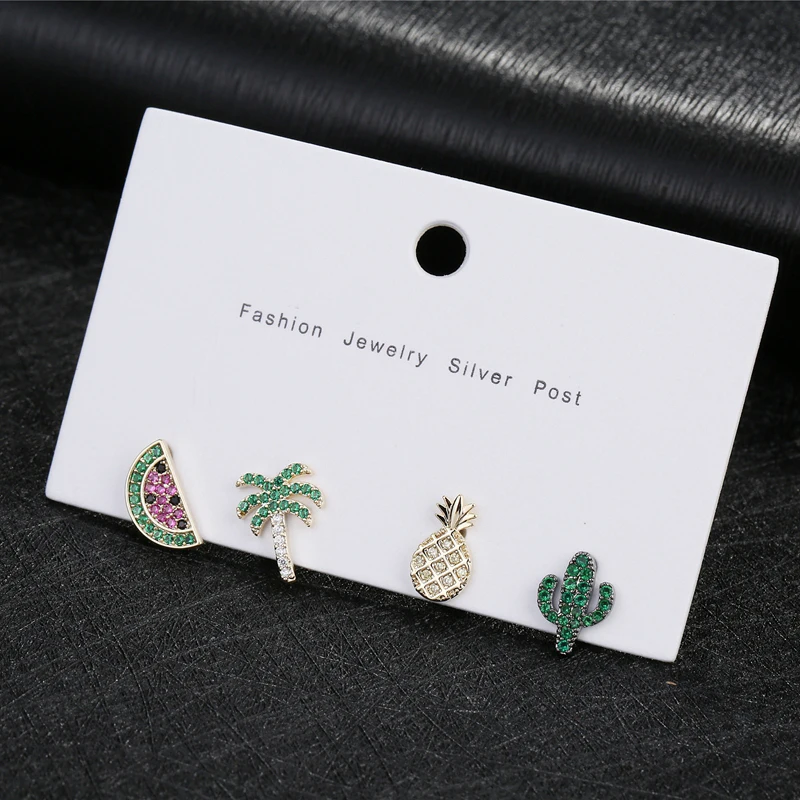 MIGGA, 4 шт., цветной, с кубическим цирконом, серьги-гвоздики, набор, арбуз, кокосовое дерево, ананас, кактус, Женские Ювелирные изделия