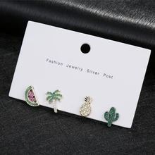 MIGGA, 4 шт., цветной, с кубическим цирконом, серьги-гвоздики, набор, арбуз, кокосовое дерево, ананас, кактус, Женские Ювелирные изделия