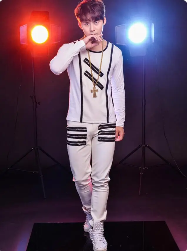 T-SHIRT AND PANT S-6XL! Мужской певец и ведущий Бар ночной клуб шоу платье тонкий длинный рукав футболка мужская шоу платье - Цвет: T-SHIRT AND PANT