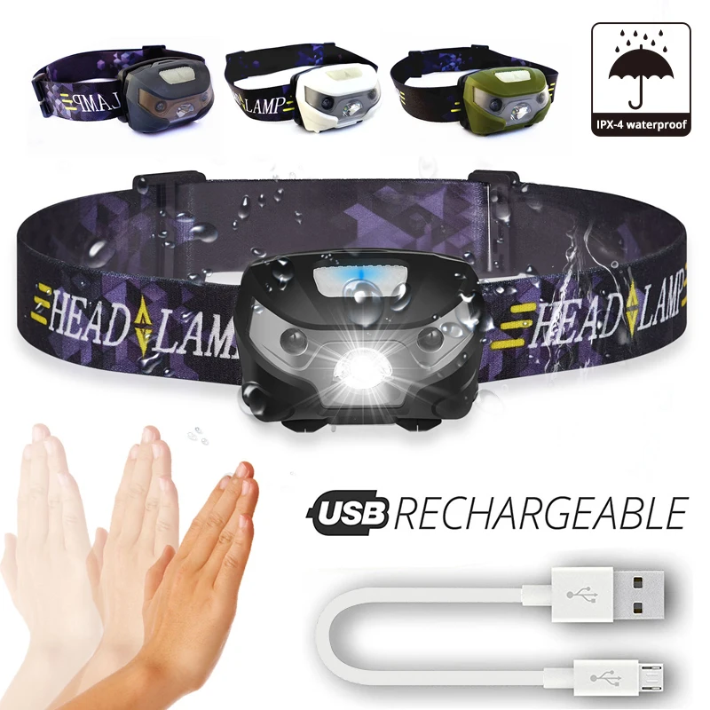 Походный ночной флэш-светильник USB мини перезаряжаемый налобный фонарь с датчиком движения тела светодиодный велосипедный головной светильник для безопасности