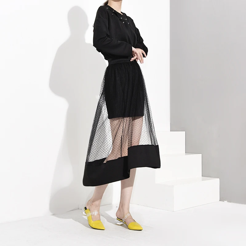 LANMREM Новая модная женская рубашка с длинным рукавом женские толстовки Vestido круглый вырез сетка лоскутное платье пуловер
