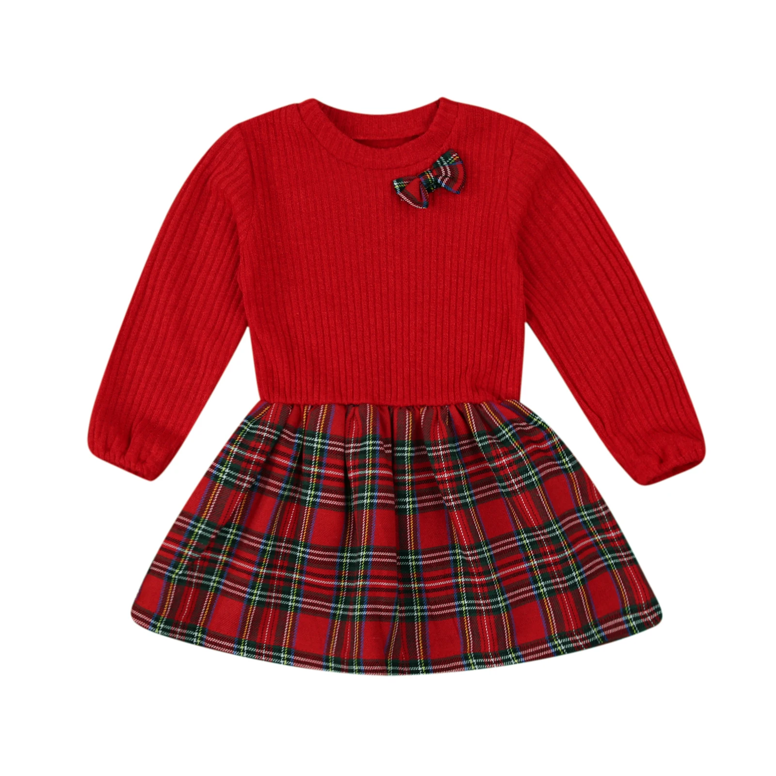 

OPPERIAYA Baby Girls Dress Round Neck Long Sleeve bow Stitching Knitted Plaid Dresses for Vacation Holiday Party Photography