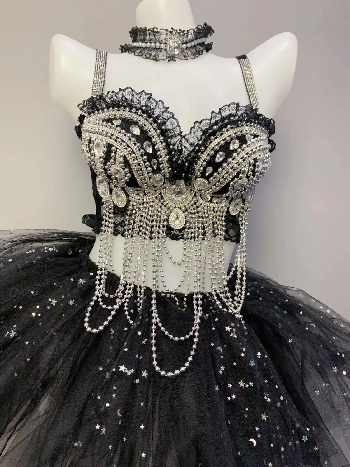 

Silver Rhinestones Beading Black Lace Bra Tutu Skirt Women's Evening Dance Female Singer Nightclub Bar Outfit Set