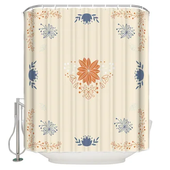 

Hand Painted Leaves Petals Orange And Dark Blue Shower Curtain Bathroom Decorative Fabric Waterproof Shower Curtain