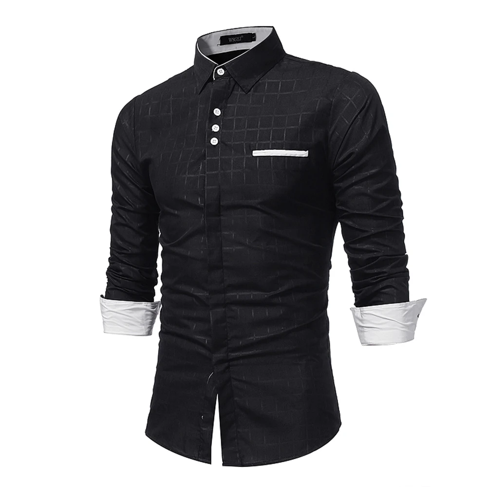 Мужские повседневные рубашки, осень, новые модные однотонные мужские рубашки с длинным рукавом из хлопка, приталенные повседневные деловые рубашки на пуговицах, топы - Цвет: 7033 black
