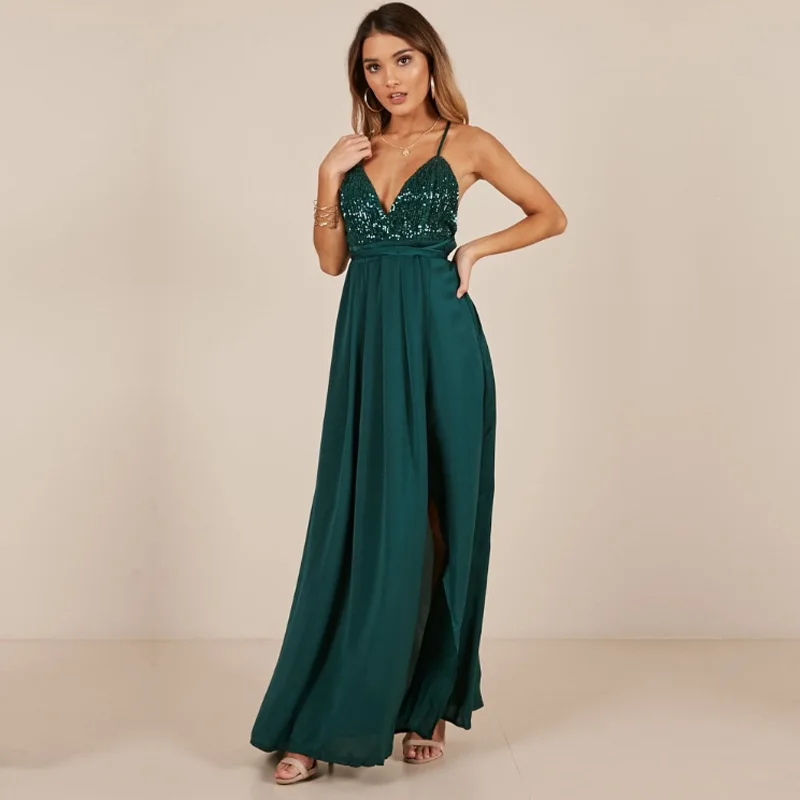 

Joyfunear Green Sexy V Neck Party Women Long Dress Spaghetti Strap Backless Night Out Club Dresses Elegant Sequin Maxi Dress
