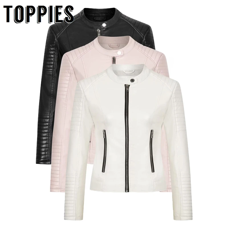 astounding  2019 Black White Pink Pu Leather Jacket Women Slim Zipper Jacket Coat Stand Collar Loose Coat Moto 