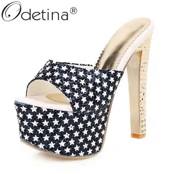 

Odetina Women New BlocK Extreme High Heel Elegant Dress Pumps Peep Toe Platform Geometric Gliter Slip Up Slingbacks Party Pumps