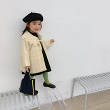 Зимнее Новое поступление; корейский стиль; хлопковое утепленное длинное пальто принцессы в клетку с большим воротником; модное милое пальто для маленьких девочек