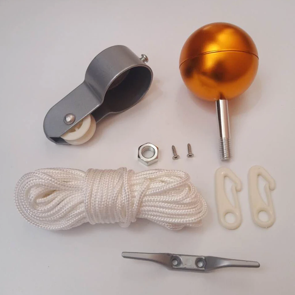 All-in-1 Flag Pole Replacement Parts 2'' Truck Pulley Golden Ball and Cleat Rope
