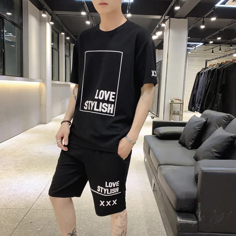 

Sports Set Men's Popular Brand Two-Piece Casual Men 2019 New Style Summer Crew Neck Lettered T-shirt Trend
