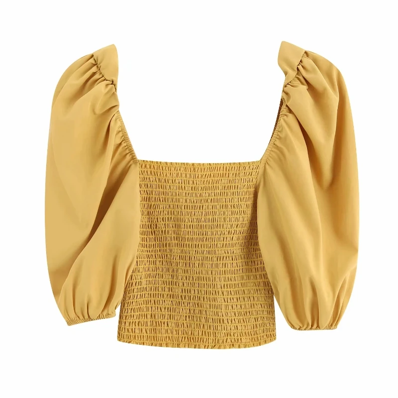 Новая женская однотонная повседневная Короткая свободная женская блузка винтажный квадратный воротник шикарные Блузы эластичная сорочка Топы LS4089