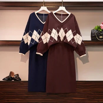 

Women Plaid Knitted Sweaters and Pants 2Pcs Suits Woman Casual Knitted Trousers + Jumper Tops Clothing Sets Plus Size 4XL L4080