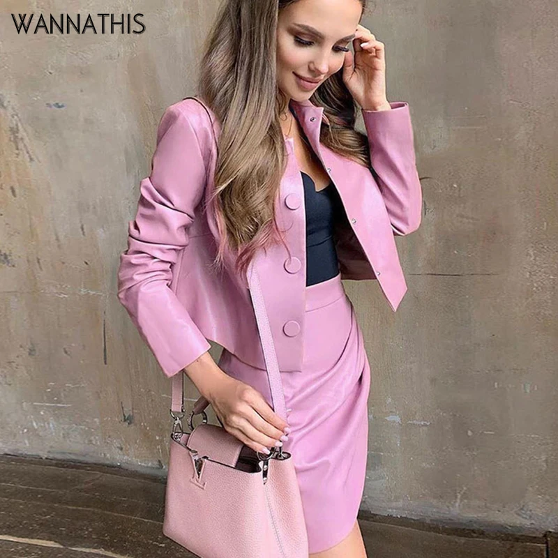 

WannaThis Pink 2 Piece Sets Women PU Leather Crop Top and Irregular Skirts Fashion Elegant Turn-down Collar Autumn Solid Outfit