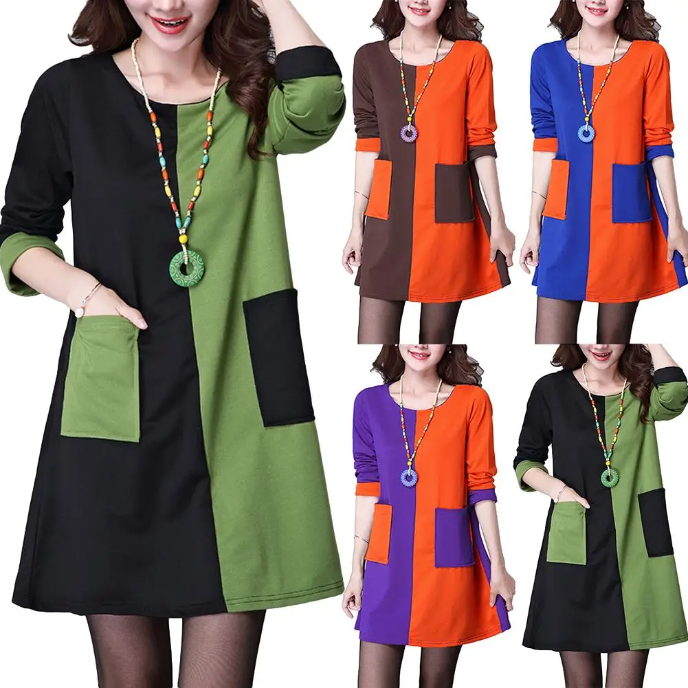 

New Fashion Dress Women With Pocket Solid Color Long Sleeve Round Neck Loose Casual Autumn Winter Dress