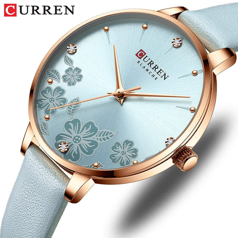 

2021 CURREN Watches Women Top Brand Leather Quartz Wristwatch Luxury Design Clock for Ladies Charm Flowers Dial Montre Femme