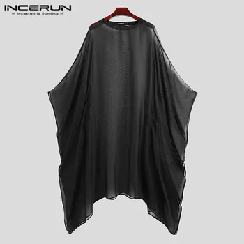 

Sexy Men Mesh T Shirt Transparent Loose O Neck 2020 Oversized Irregular Tops Party Nightclub T-shirts Men Homewear Cloak INCERUN