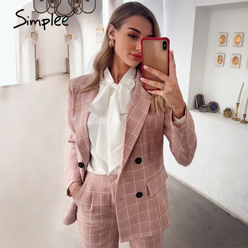 Simplee Модный женский клетчатый Блейзер костюмы с длинным рукавом двубортный