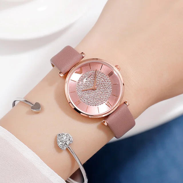 Роскошные женские браслеты на магните часы лучший бренд розовое золото кварцевые наручные часы дамское платье повседневные часы подарок для жены montre femme - Цвет: Pink Leather