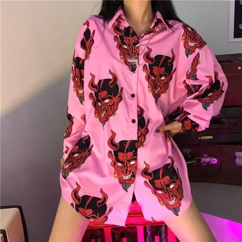 

Harajuku Shirt blusas Female ulzzang long sleeve blouse Womens gothic Devil Print Button Korean Tee Casual Popular Blouse Tops