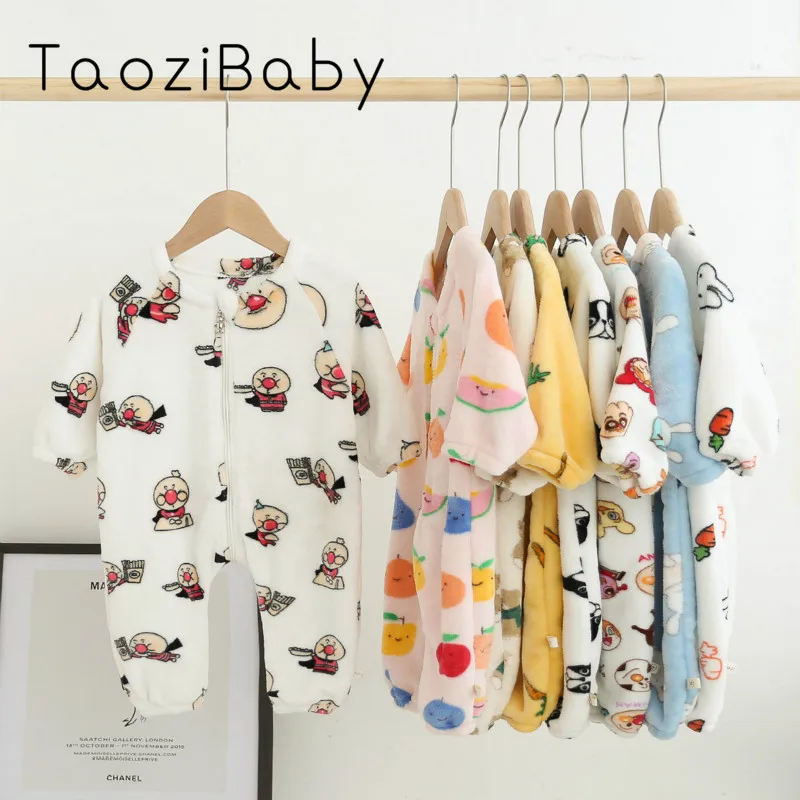 

Children Clothes 2019 Baby Boy And Girls Cartoon Print Flannel Zipper Jumpsuit Sleeping New Born Baby Clothing Romper