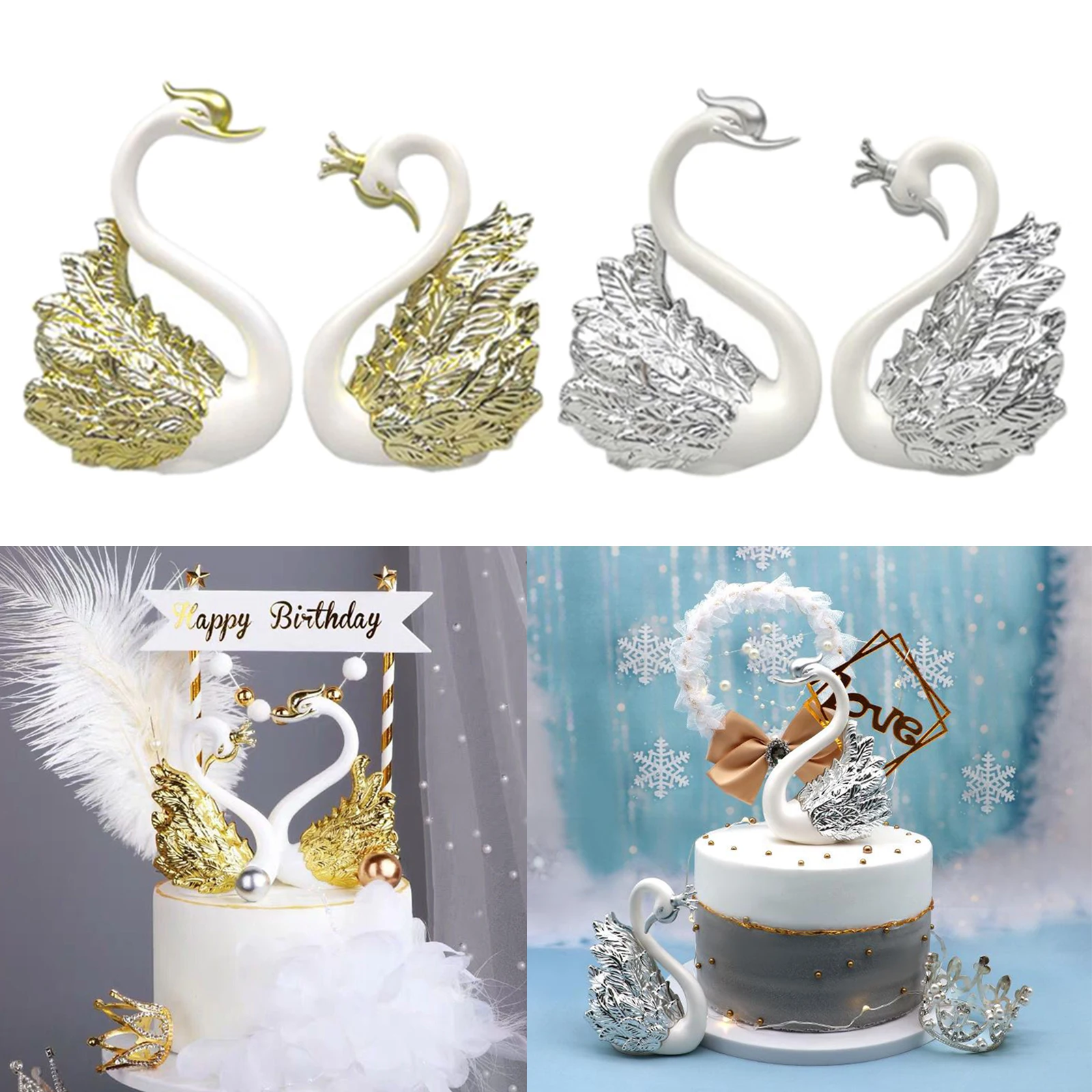2pcs Romantic Crown Swan Figurine Collection Cake Topper Table Centerpiece Ornament