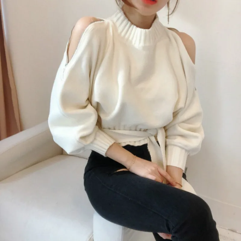 Zipper short ribbon long sleeve off shoulder Pullover Zipper short ribbon long sleeve off shoulder Pullover
