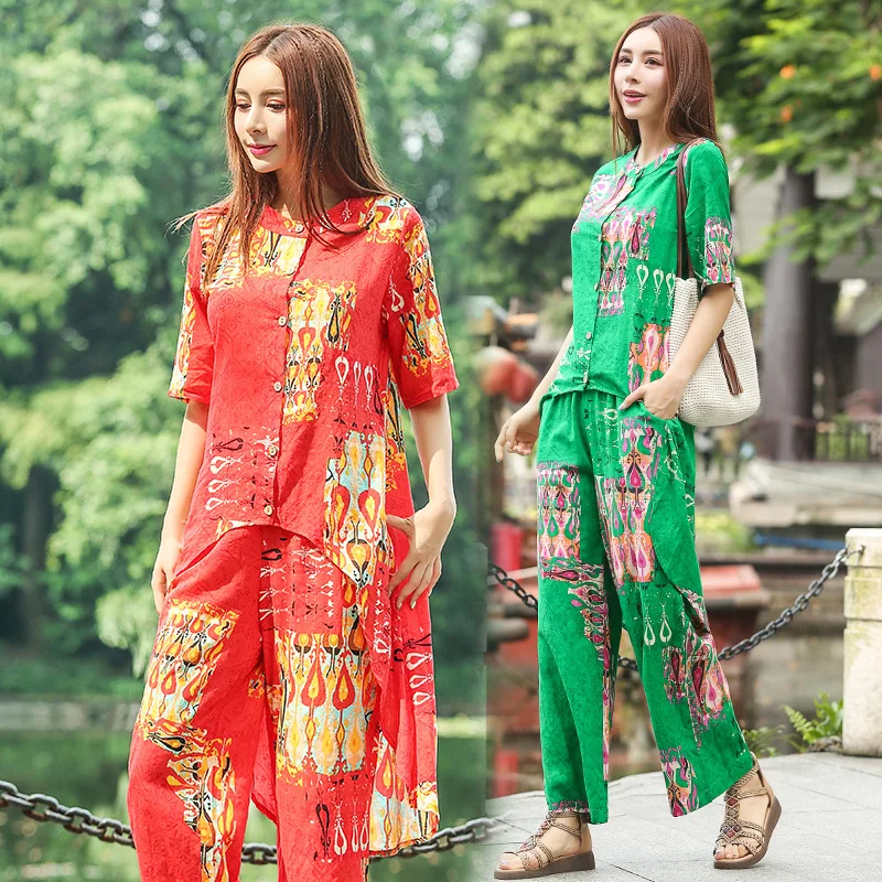

Photo Shoot 2019 Summer New Style Stand Collar Retro Literature And Art Printed Irregular Cool Long Cardigan Ramie Set