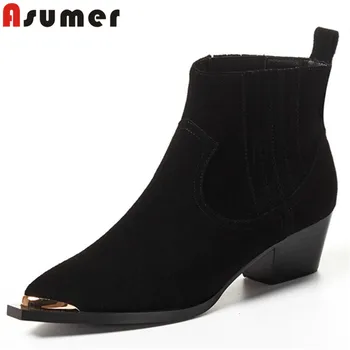 

ASUMER 2020 big size 40 vintage Chelsea boots women suede leather metal pointed toe square heel fashion shoes woman ankle boots