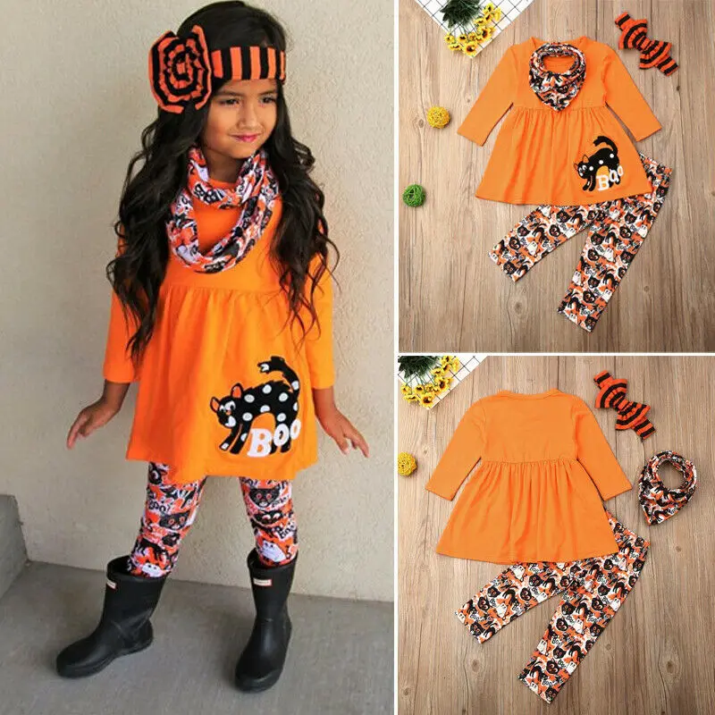 Toddler Kid Baby Girls Halloween Outfits Ghost Long Sleeve Blouse Top Dress Pants Leggings Clothing Set 