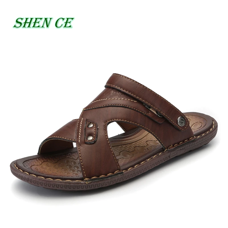 

Summer Leather Sandals Men Outdoor Beach Sandals Comfortable Fashion Mens Breathable Rubber Flip Flops Shoes 2020 Large Sizes 46